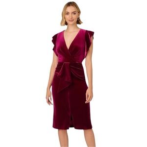 ADRIANNA PAPELL FUCHSIA PINK VELVET SURPLICE MIDI DRESS AP1D105513